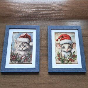 Pair of 5 X 7 Christmas Critters - Kitty & Mouse in Denim blue wooden frames.